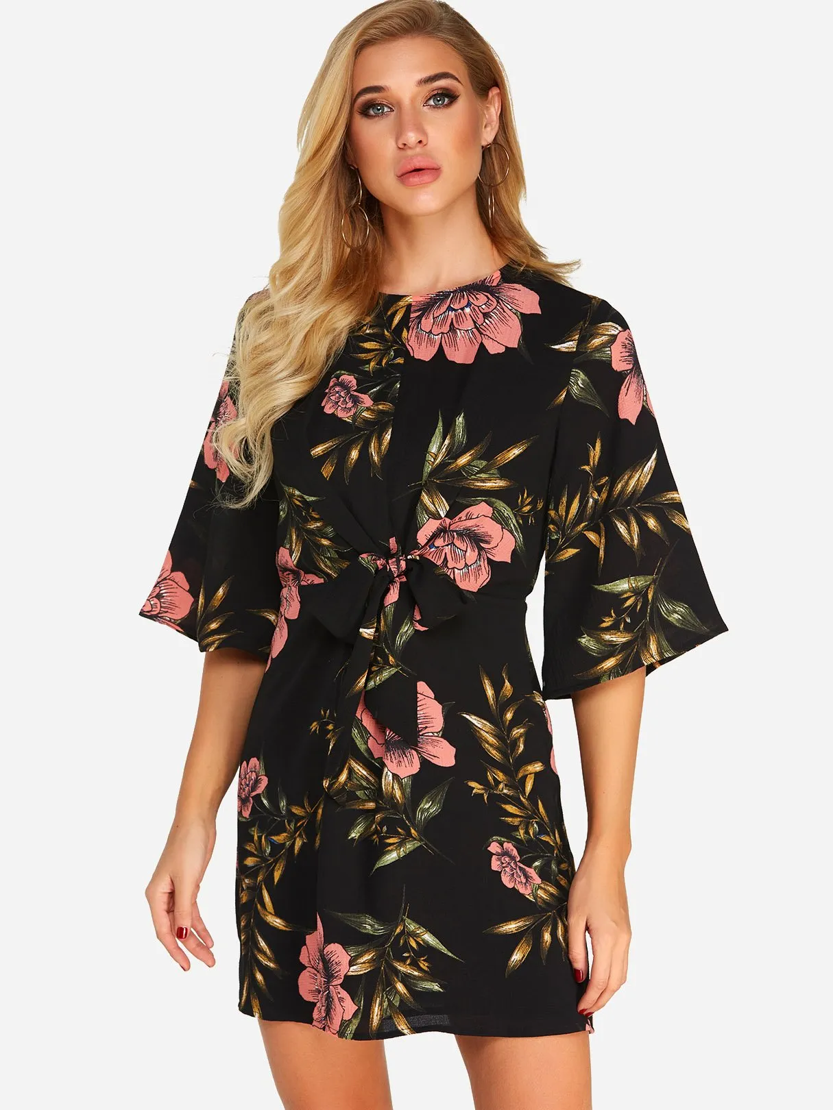 Wholesale Crew Neck Half Sleeve Floral Print Self-Tie Mini Dress