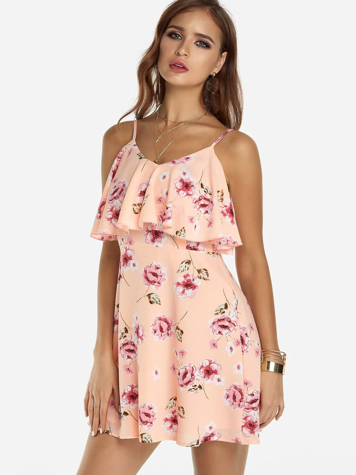 Wholesale Pink V-Neck Sleeveless Floral Print Backless Spaghetti Strap Flounced Hem Mini Dress