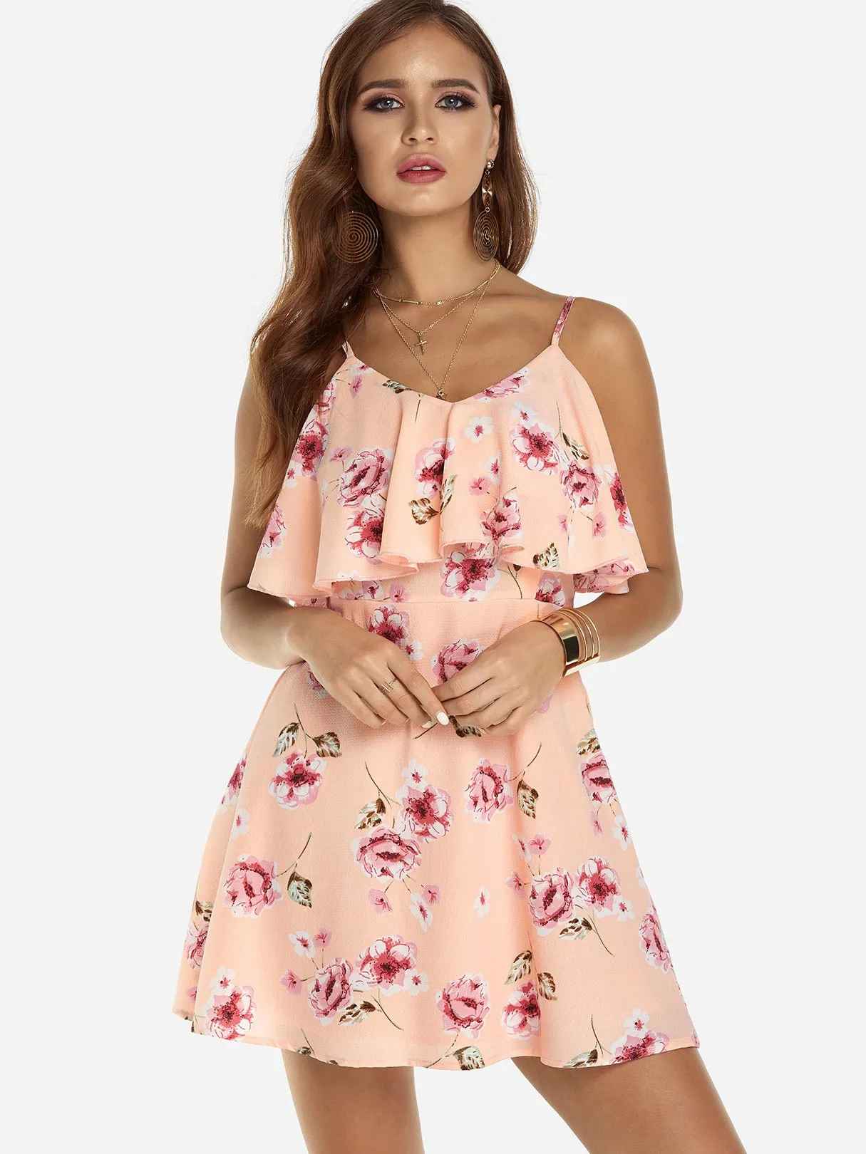 Wholesale Pink V-Neck Sleeveless Floral Print Backless Spaghetti Strap Flounced Hem Mini Dress