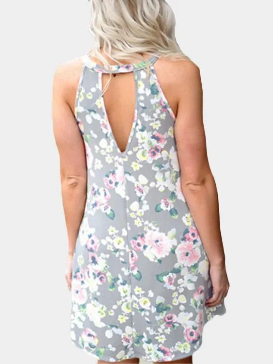 Wholesale Round Neck Sleeveless Floral Print Cut Out Mini Dresses