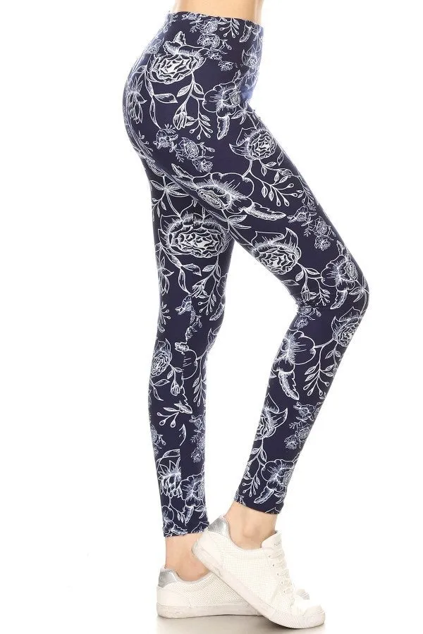 Yoga Waist 3" Blue Boho Print QUEEN SIZE Leggings