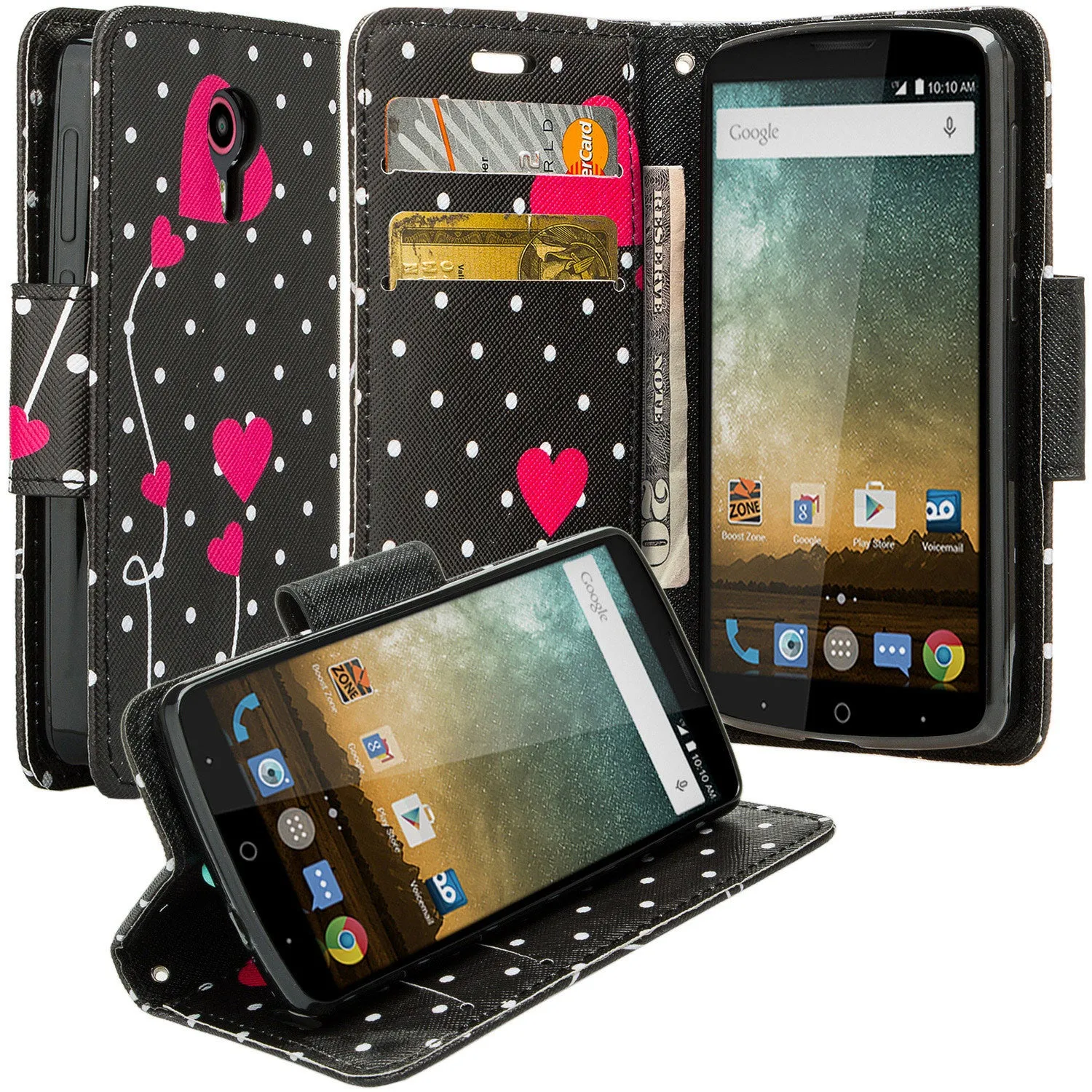 ZTE Ultra Case | ZTE Quest | ZTE Uhura Case, Wrist Strap Magnetic Flip Fold[Kickstand] Pu Leather Wallet Case with ID & Credit Card Slots for ZTE Ultra/Quest/Uhura - Polka Dot Hearts