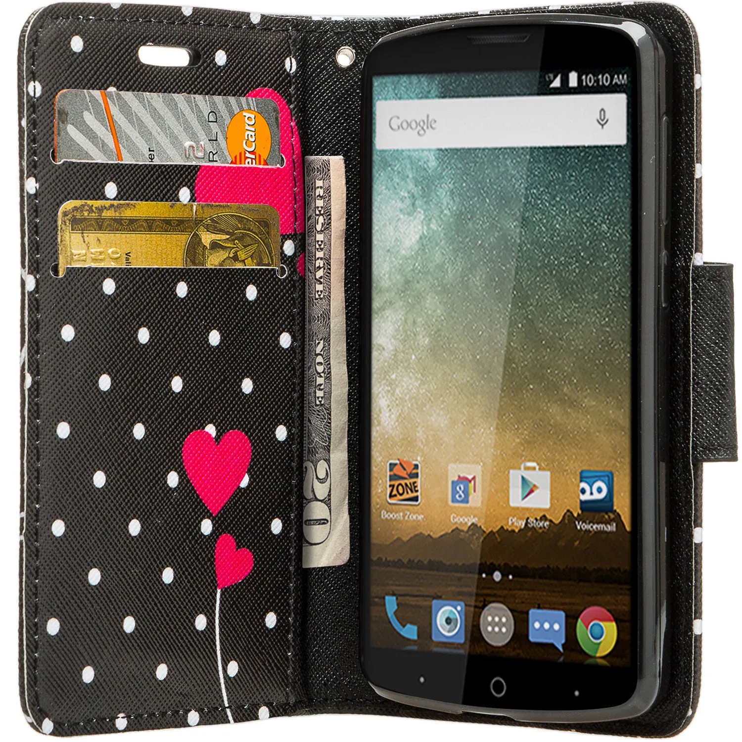 ZTE Ultra Case | ZTE Quest | ZTE Uhura Case, Wrist Strap Magnetic Flip Fold[Kickstand] Pu Leather Wallet Case with ID & Credit Card Slots for ZTE Ultra/Quest/Uhura - Polka Dot Hearts