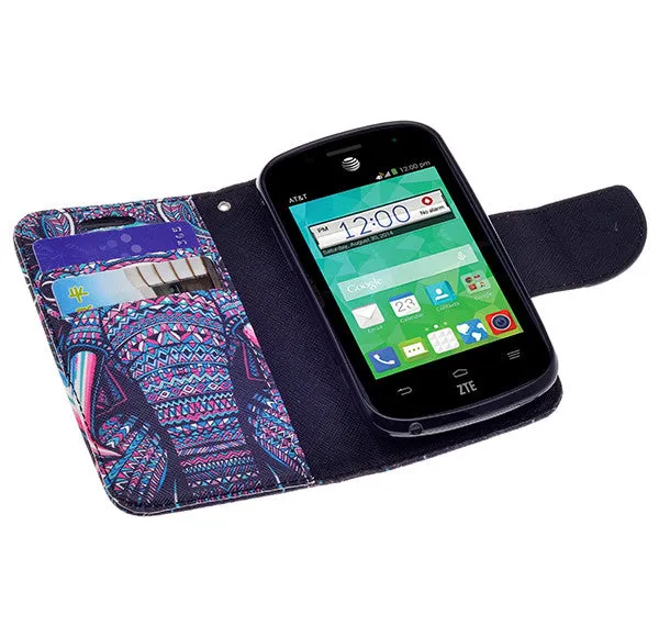 ZTE Z667 Case, Wrist Strap Magnetic Flip Fold[Kickstand] Pu Leather Wallet Case with ID & Card Slots - Tribal Elephant