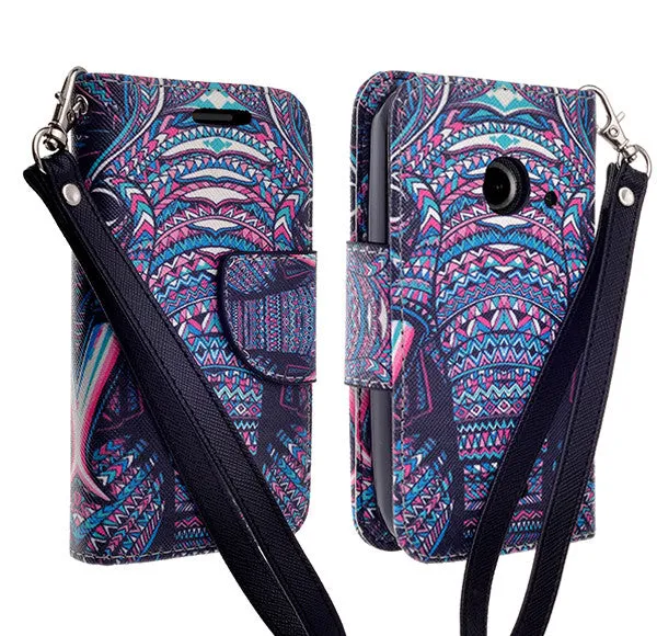 ZTE Z667 Case, Wrist Strap Magnetic Flip Fold[Kickstand] Pu Leather Wallet Case with ID & Card Slots - Tribal Elephant